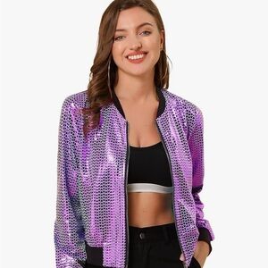 Allegra K Women's Sparkly Holographic Lightweight Metallic Bomber Jacket